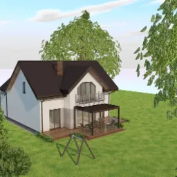 Wizualizacja domu jednorodzinnego z brązowym dachem, balkonem i drewnianym tarasem z pergolą, otoczonego zielonym trawnikiem i drzewami.