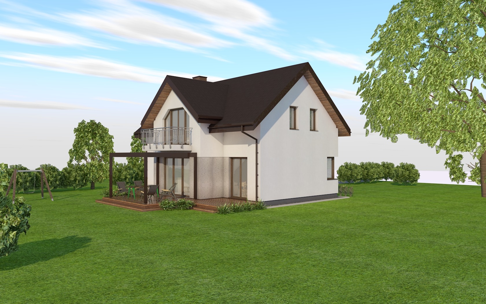 Wizualizacja dwukondygnacyjnego domu z balkonem i tarasem, otoczonego zielonym trawnikiem i drzewami, z huśtawką w tle.