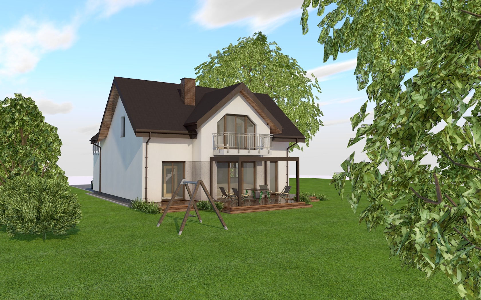 Wizualizacja domu jednorodzinnego z brązowym dachem, białymi ścianami, balkonem i zadaszonym tarasem z meblami ogrodowymi, otoczonego zielonym trawnikiem i drzewami.