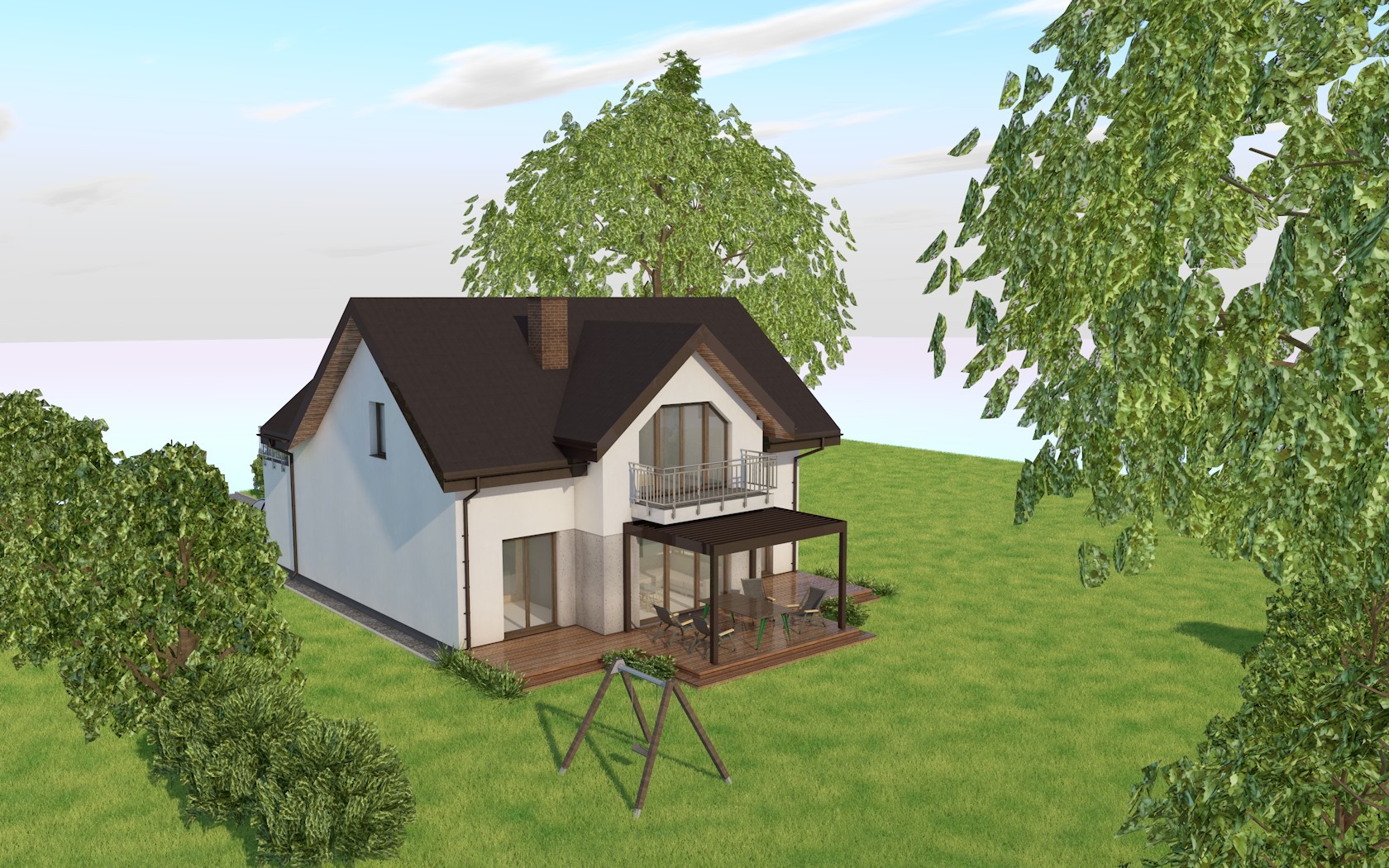 Wizualizacja domu jednorodzinnego z brązowym dachem, balkonem i drewnianym tarasem z pergolą, otoczonego zielonym trawnikiem i drzewami.