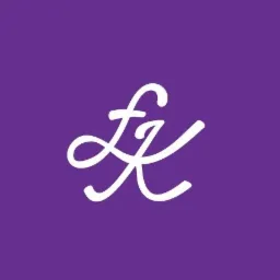 Eleganckie, białe monogramowe logo z literami 'LK' na fioletowym tle.