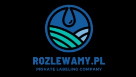 Niebiesko-turkusowe logo z kroplą wody i stylizowanymi falami na ciemnym tle, poniżej napis ROZLEWAMY.PL i PRIVATE LABELING COMPANY.