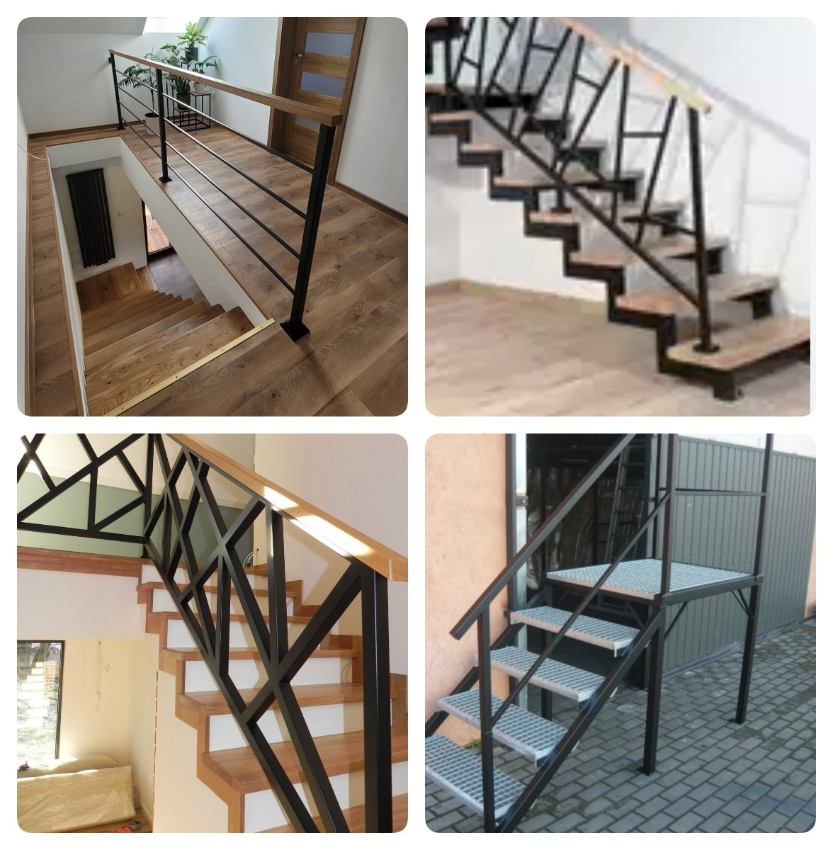 Kolaż czterech zdjęć przedstawiających różne konstrukcje schodów z metalowymi elementami, w tym schody wewnętrzne z drewnianymi stopniami i czarną metalową balustradą, schody z geometrycznym wzorem...