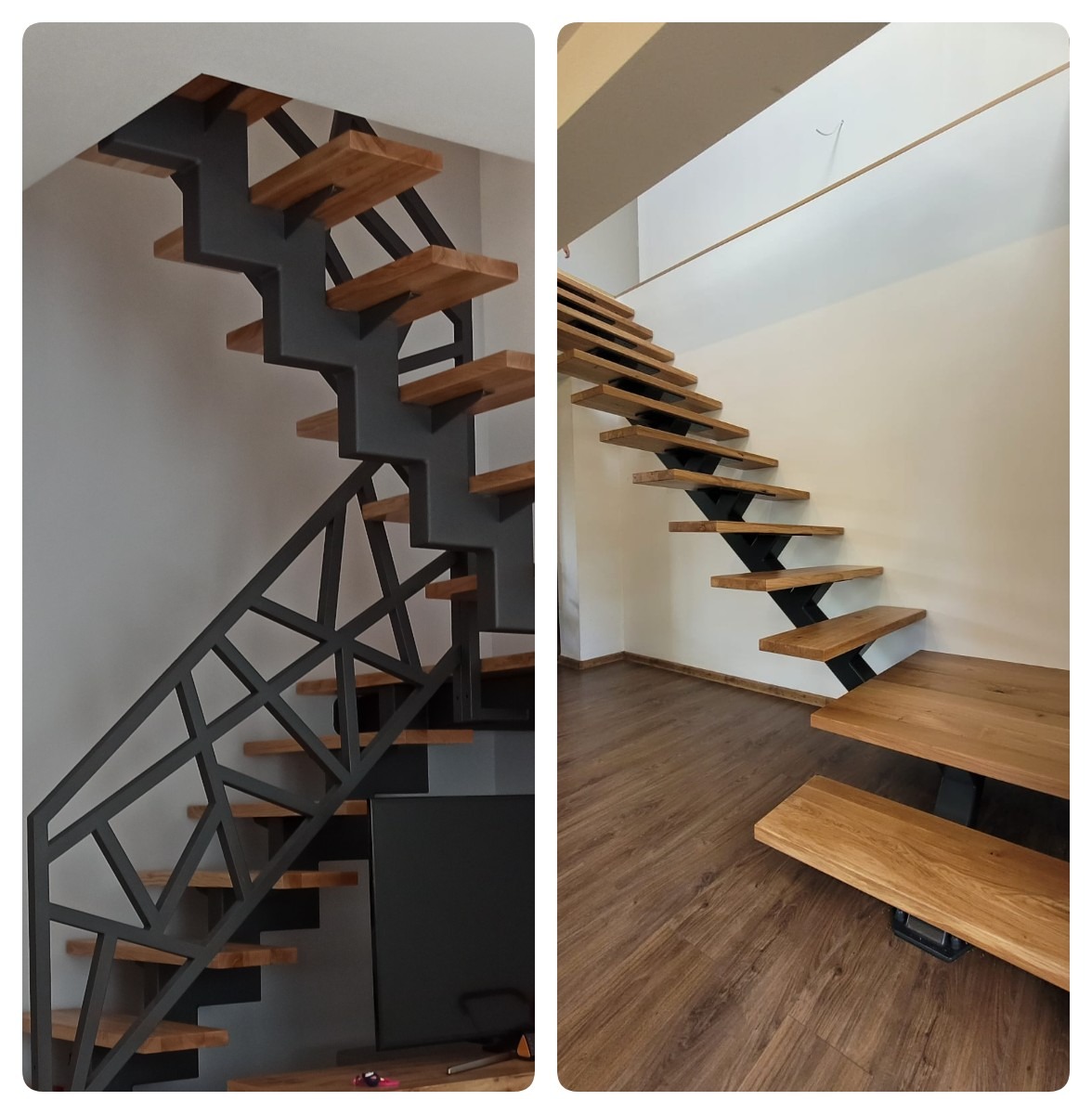 Nowoczesne schody z drewnianymi stopniami i metalową konstrukcją, widok z dwóch perspektyw: z boku z dekoracyjną balustradą i od dołu z widoczną strukturą podtrzymującą stopnie.