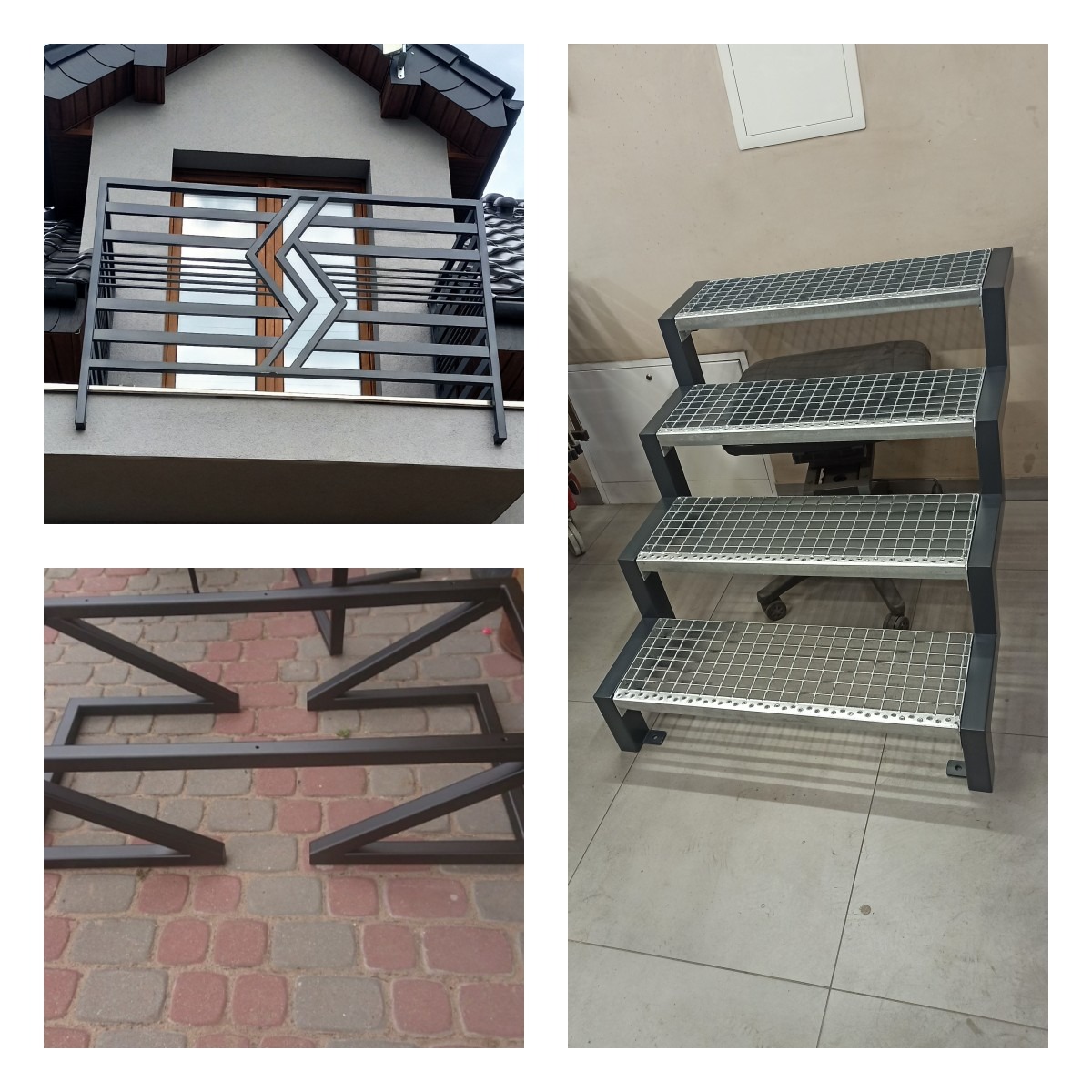 Metalowa balustrada balkonowa z geometrycznym wzorem, fragment konstrukcji metalowej na brukowanej powierzchni oraz metalowe schody z kratą w tle biurowym.