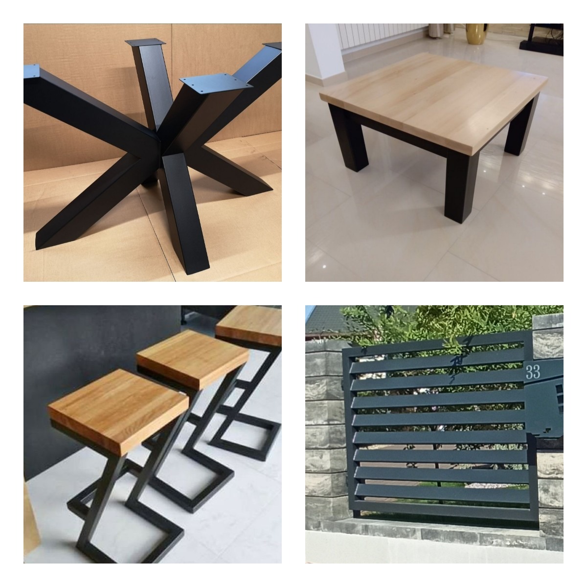 Kompozycja czterech kadrów: metalowa podstawa stołu w kształcie gwiazdy, kwadratowy stół z jasnym blatem i czarnymi nogami, trzy drewniane stołki barowe z metalowymi nogami w kształcie litery...