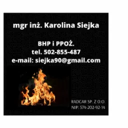 Wizytówka firmy RADCAR SP. Z O.O. oferującej usługi BHP i PPOŻ, z imieniem i nazwiskiem mgr inż. Karoliny Siejki, numerem telefonu, adresem e-mail i płomieniami ognia w dolnej części.