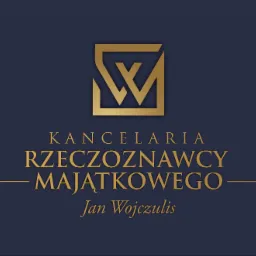 Eleganckie logo kancelarii rzeczoznawcy majątkowego Jana Wojczulisa na granatowym tle, z geometrycznym złotym symbolem.