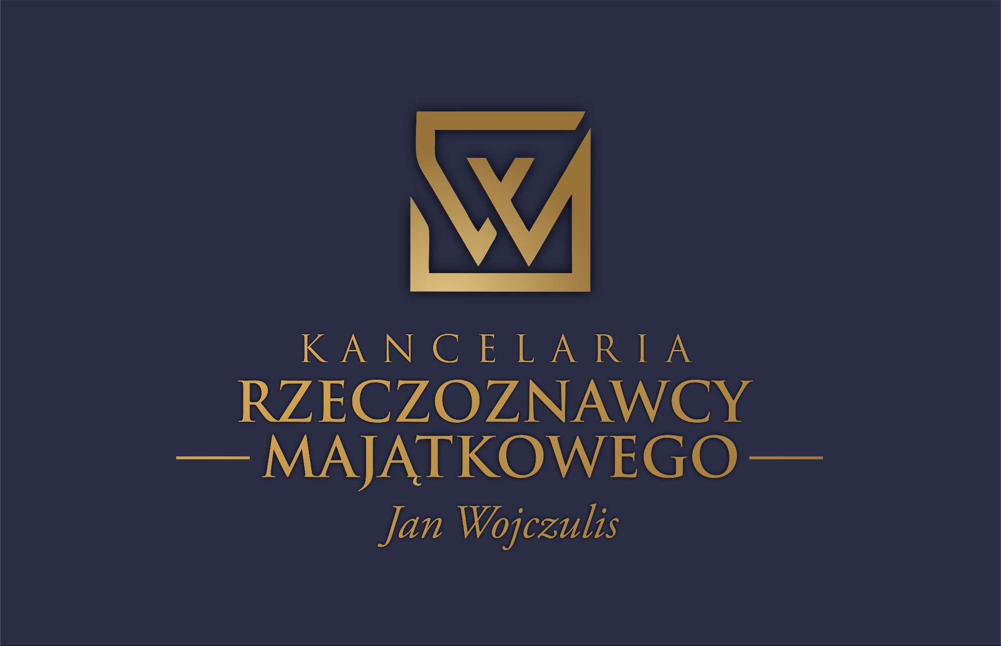 Eleganckie logo kancelarii rzeczoznawcy majątkowego Jana Wojczulisa na granatowym tle, z geometrycznym złotym symbolem.