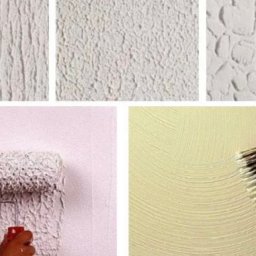 VIP Interior Decor - Kolaż prezentujący różne faktury ścian: pionowe prążki, nieregularne grudki, wzór przypominający korę drzewa, nakładanie struktury wałkiem oraz wygładzanie powierzchni szczotką.