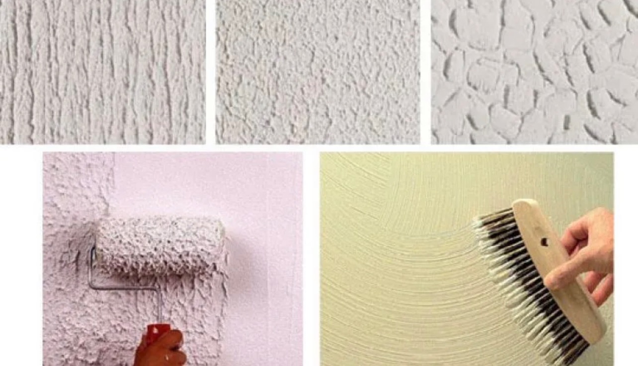 Kolaż prezentujący różne faktury ścian: pionowe prążki, nieregularne grudki, wzór przypominający korę drzewa, nakładanie struktury wałkiem oraz wygładzanie powierzchni szczotką.