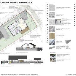 Zielona Perspektywa - Studio wizualizacji i architektury krajobrazu - Koncepcja zagospodarowania terenu w Wieliczce: plan działki z wizualizacją domu, ogrodu i zestawieniem materiałów nawierzchni, w tym kostki brukowej, granitu, płyt tarasowych, żwiru, deski...