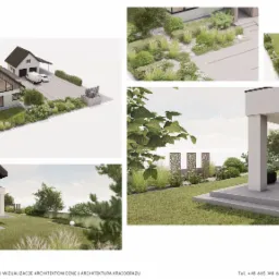 Wizualizacja ogrodu w Krzczonowie: nowoczesny dom z zagospodarowanym terenem, widok z różnych perspektyw, obejmujący taras z meblami ogrodowymi, ścieżki i starannie dobrane rośliny.