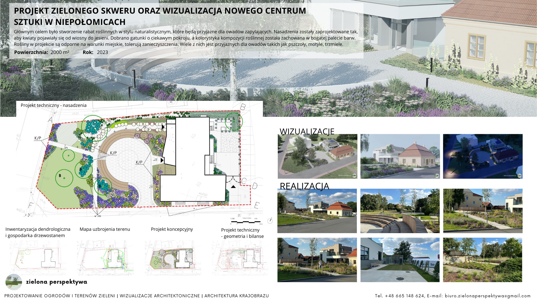 Kolaż przedstawiający projekt zagospodarowania terenu zielonego: plan nasadzeń, wizualizacje oraz zdjęcia z realizacji, z uwzględnieniem rabat roślinnych w stylu naturalistycznym i elementów małej...