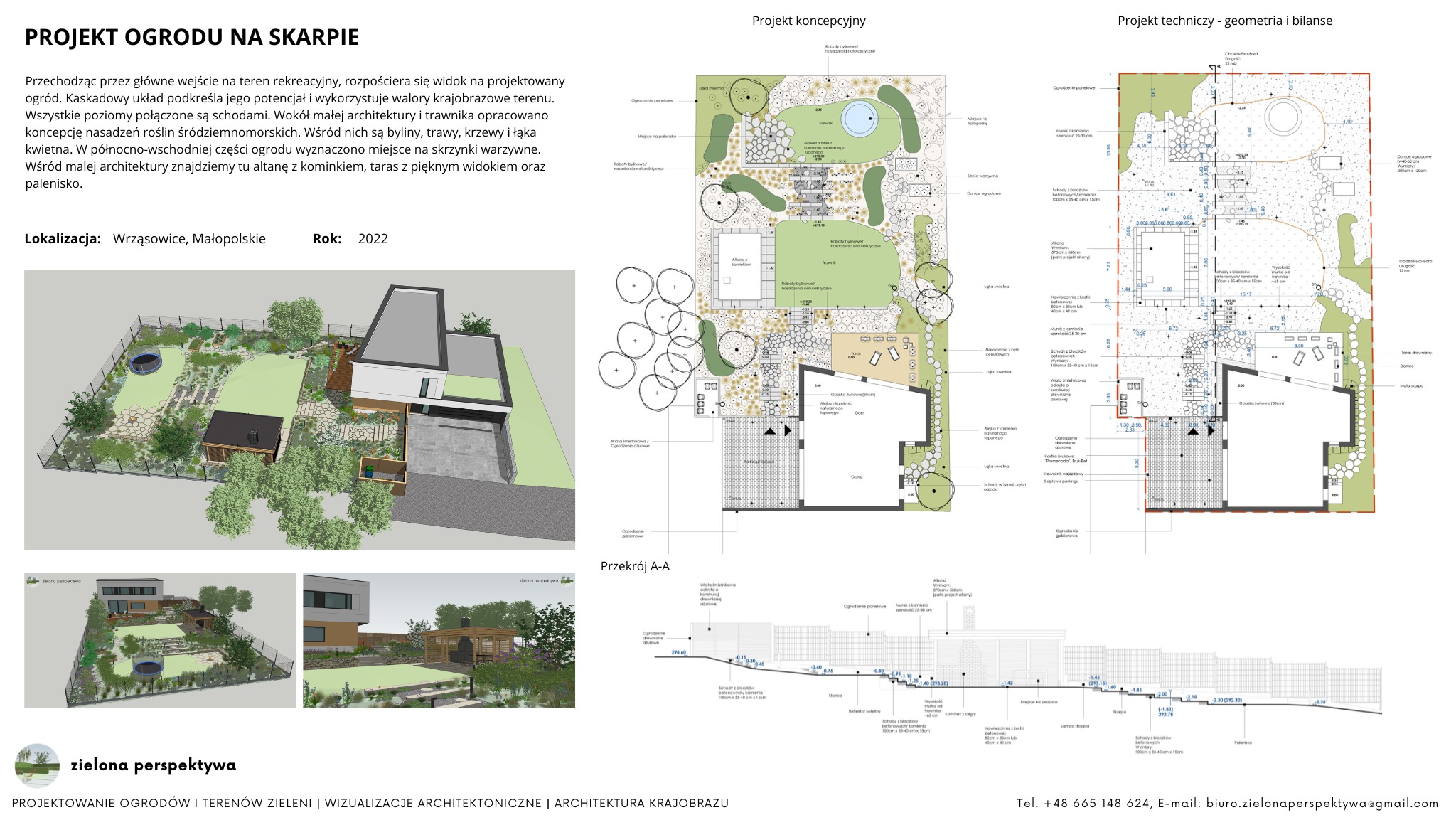 Wizualizacja projektu ogrodu na skarpie z kaskadowym układem, schodami łączącymi poziomy, altaną z kominkiem, tarasem i paleniskiem w Wrząsowicach, Małopolsce, rok 2022.
