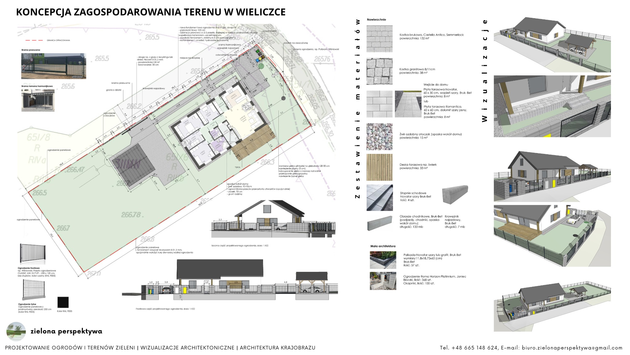 Koncepcja zagospodarowania terenu w Wieliczce: plan działki z wizualizacją domu, ogrodu i zestawieniem materiałów nawierzchni, w tym kostki brukowej, granitu, płyt tarasowych, żwiru, deski...