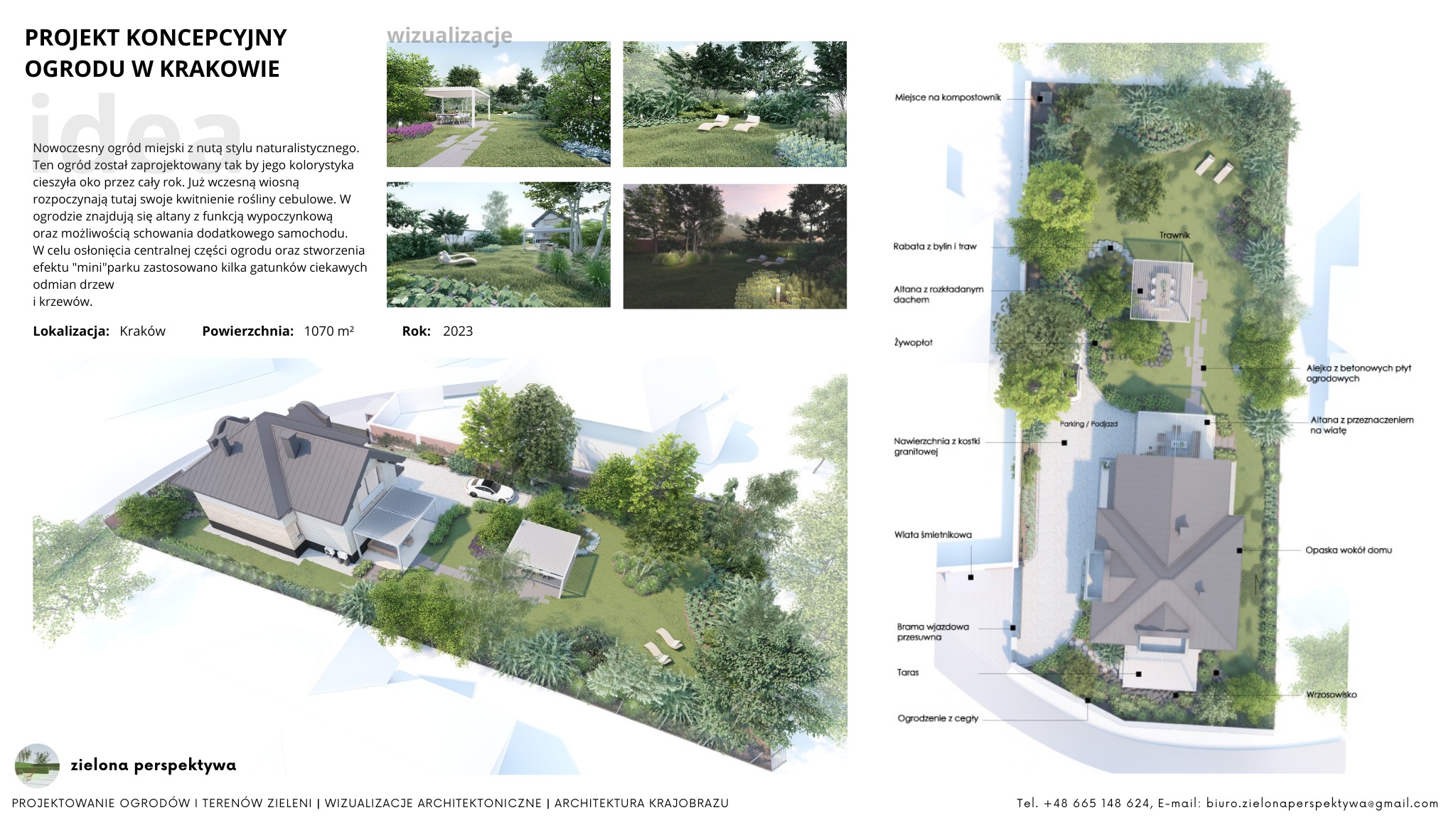 Koncepcja ogrodu w Krakowie: wizualizacja nowoczesnego ogrodu miejskiego z altaną, rabatą bylin i trawnikiem, widok z góry na dom z ogrodem o powierzchni 1070 m², rok 2023.