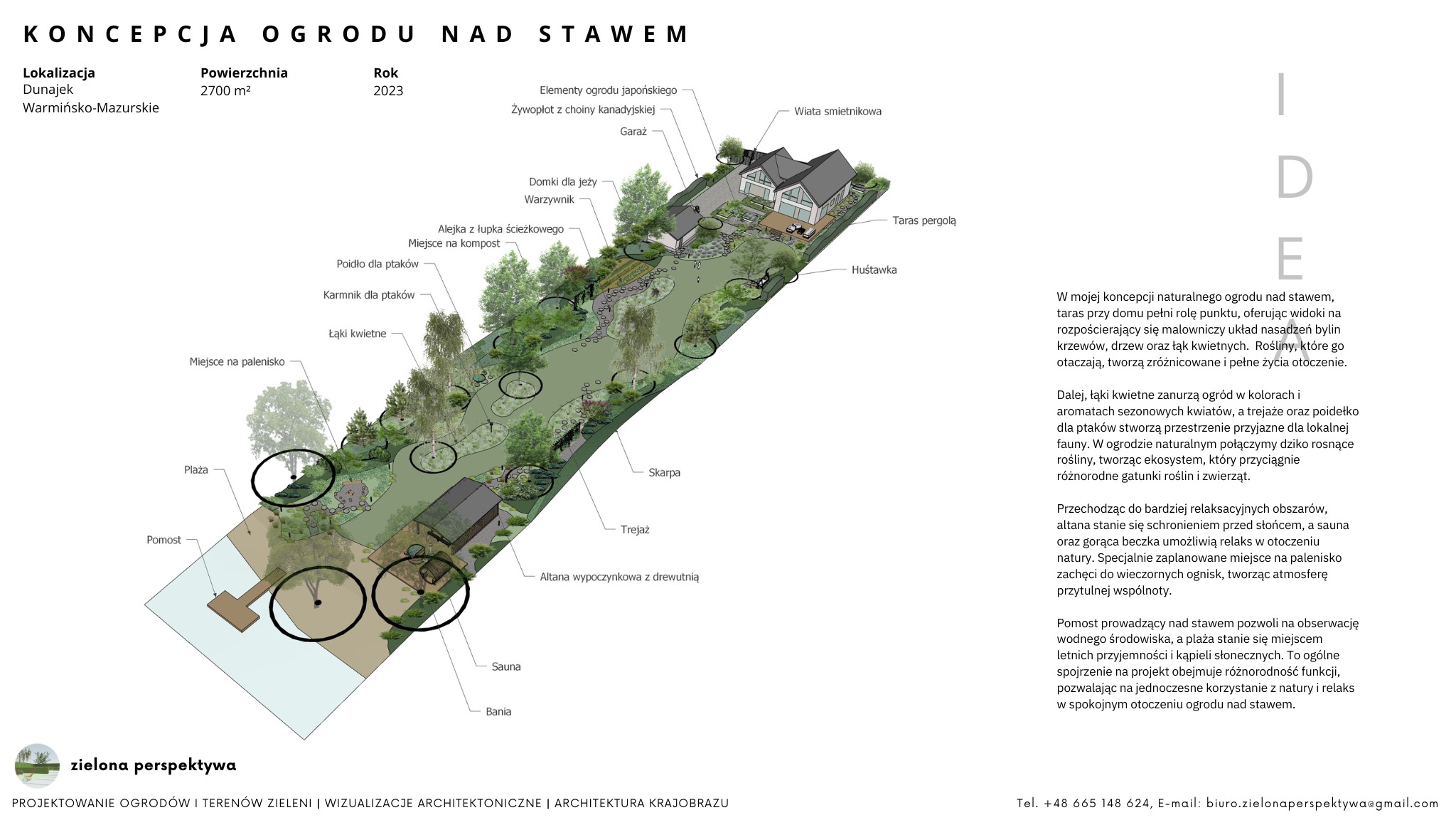 Koncepcja ogrodu nad stawem z elementami japońskimi, widok z góry na projekt zagospodarowania terenu z domem, pomostem, sauną, altaną, plażą i różnorodną roślinnością.