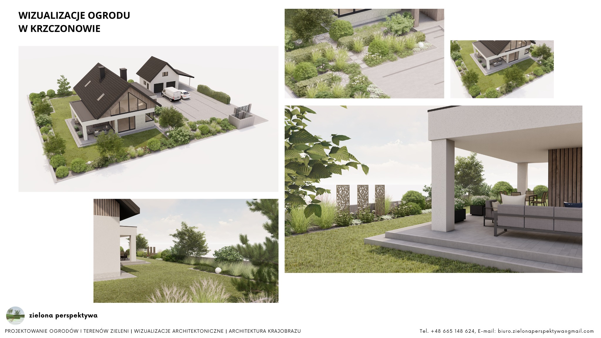 Wizualizacja ogrodu w Krzczonowie: nowoczesny dom z zagospodarowanym terenem, widok z różnych perspektyw, obejmujący taras z meblami ogrodowymi, ścieżki i starannie dobrane rośliny.