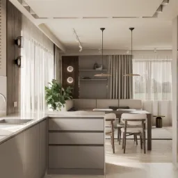 Nowoczesna kuchnia z jadalnią: minimalistyczne szafki, drewniane żaluzje, designerskie lampy wiszące i oświetlenie punktowe. Stonowana kolorystyka i naturalne materiały.