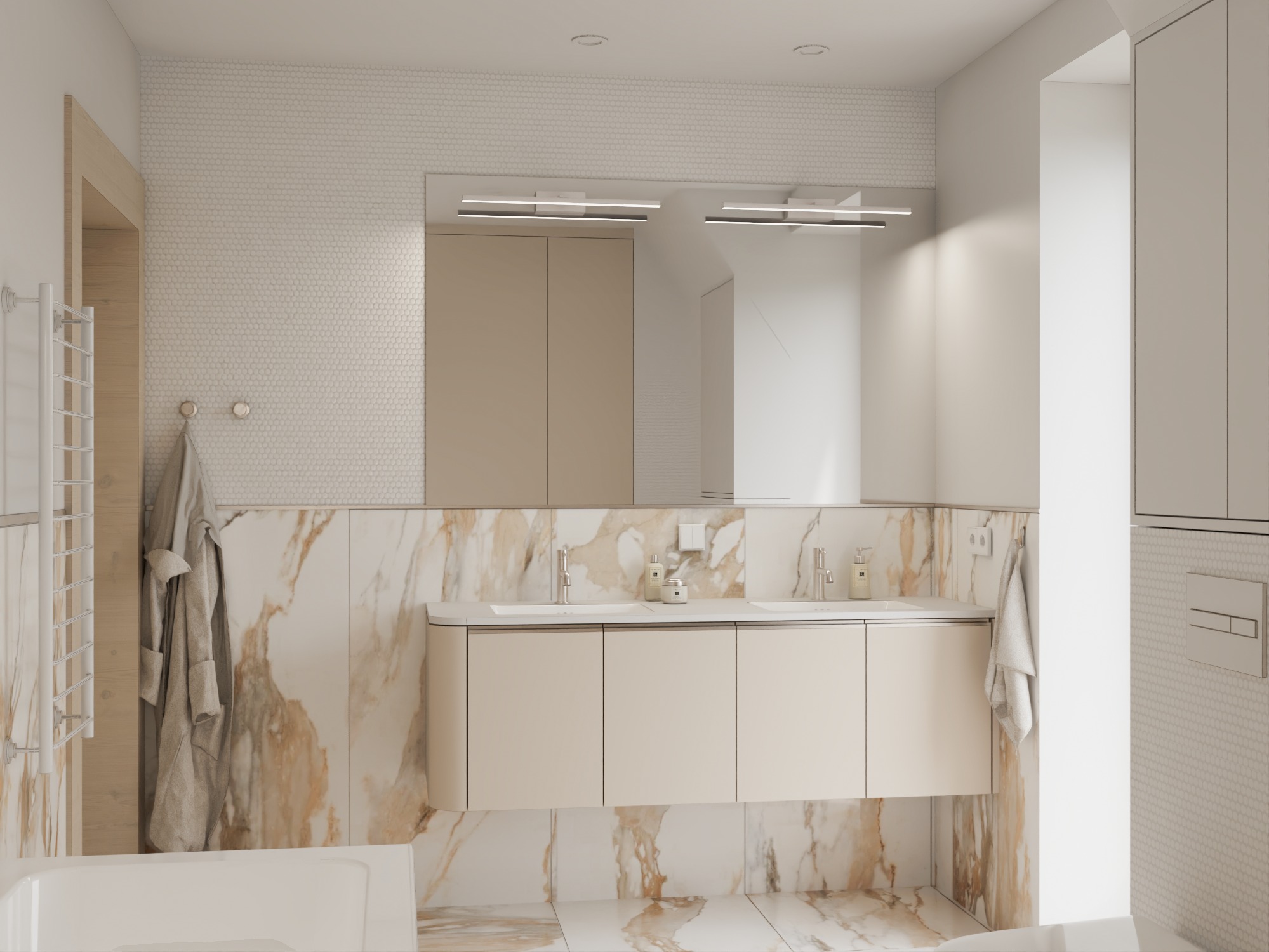 Jasna łazienka z marmurowymi akcentami: podwójna umywalka z beżową szafką, mozaika na ścianach, oświetlenie LED nad lustrem, ręcznik i szlafrok na wieszakach.