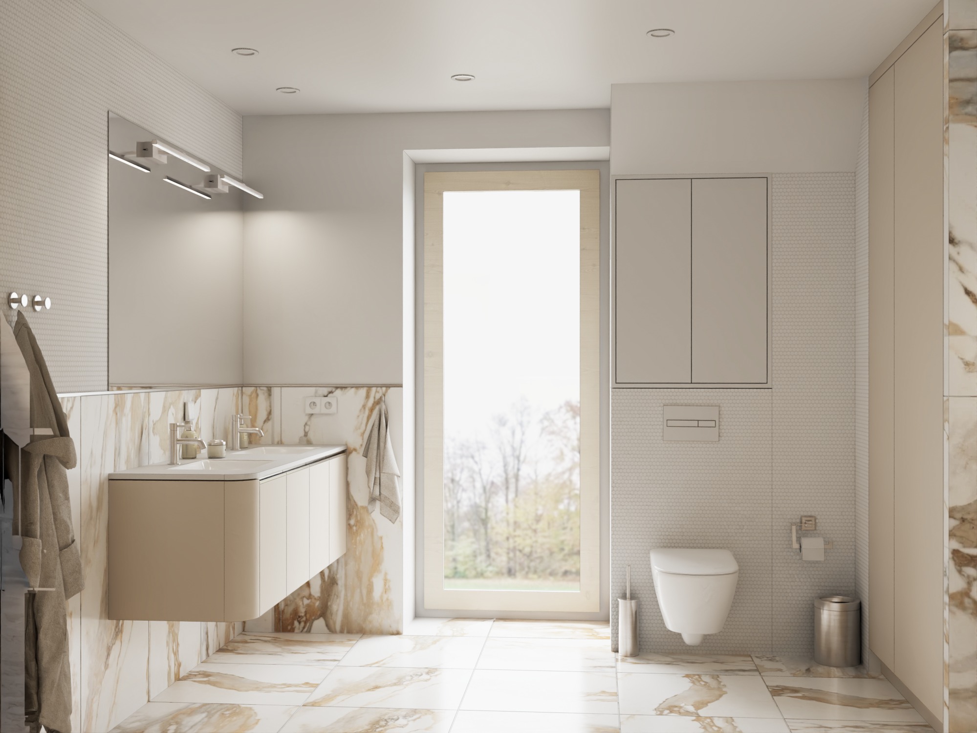 Jasna łazienka z marmurową podłogą, beżową szafką pod umywalką i dużym oknem z widokiem na zieleń. Minimalistyczny design, nowoczesne oświetlenie i wisząca toaleta.
