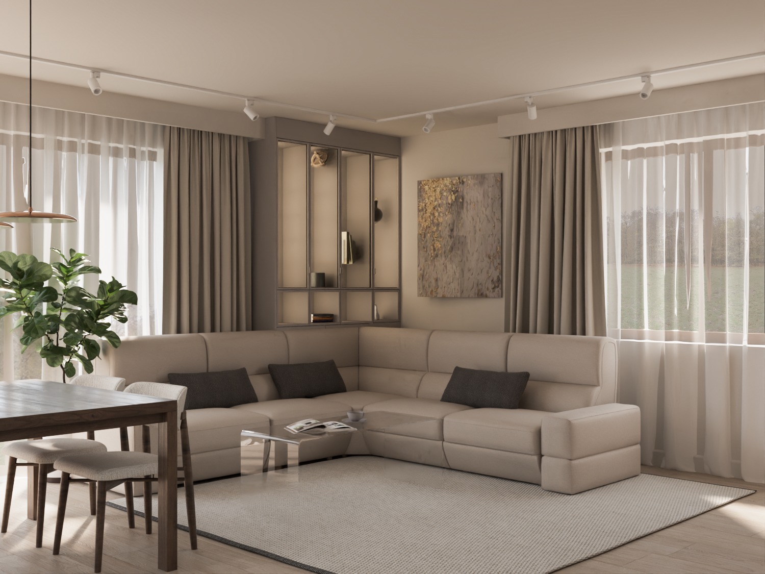 Jasne wnętrze: beżowa sofa narożna z poduszkami, szklany stolik, stół z krzesłami i roślina. W tle regał z dekoracjami i obraz. Całość oświetlona punktowo.