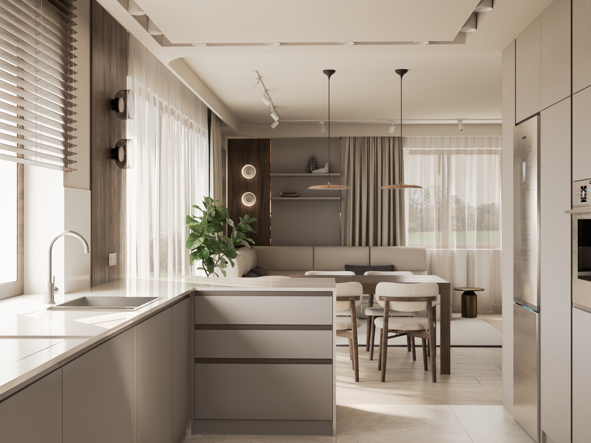 Nowoczesna kuchnia z jadalnią: minimalistyczne szafki, drewniane żaluzje, designerskie lampy wiszące i oświetlenie punktowe. Stonowana kolorystyka i naturalne materiały.