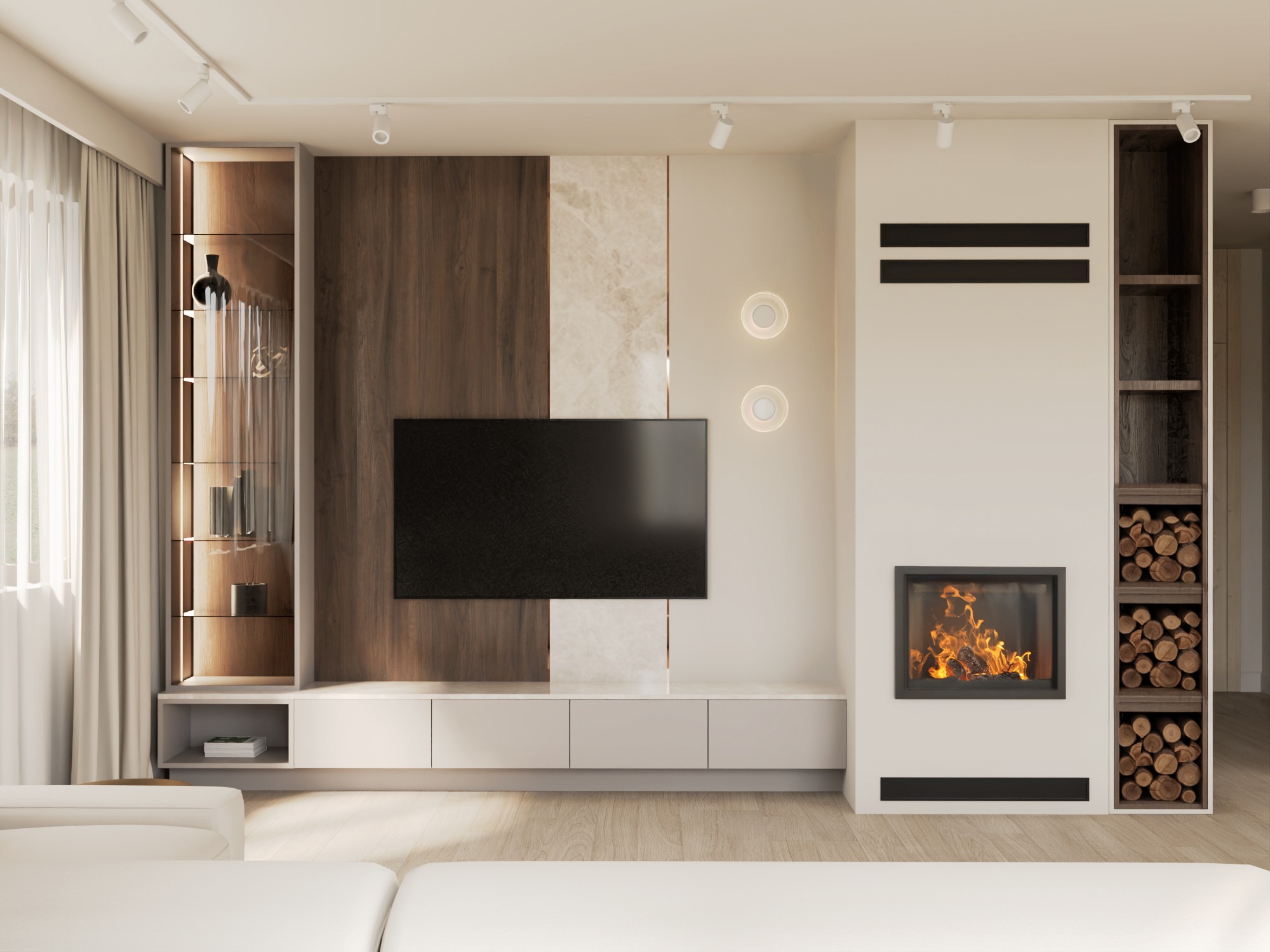 Minimalistyczny salon z kominkiem i drewnianymi akcentami. Telewizor na tle panelu z drewna i marmuru. Oświetlenie punktowe i dekoracyjne. Biała sofa w tle.
