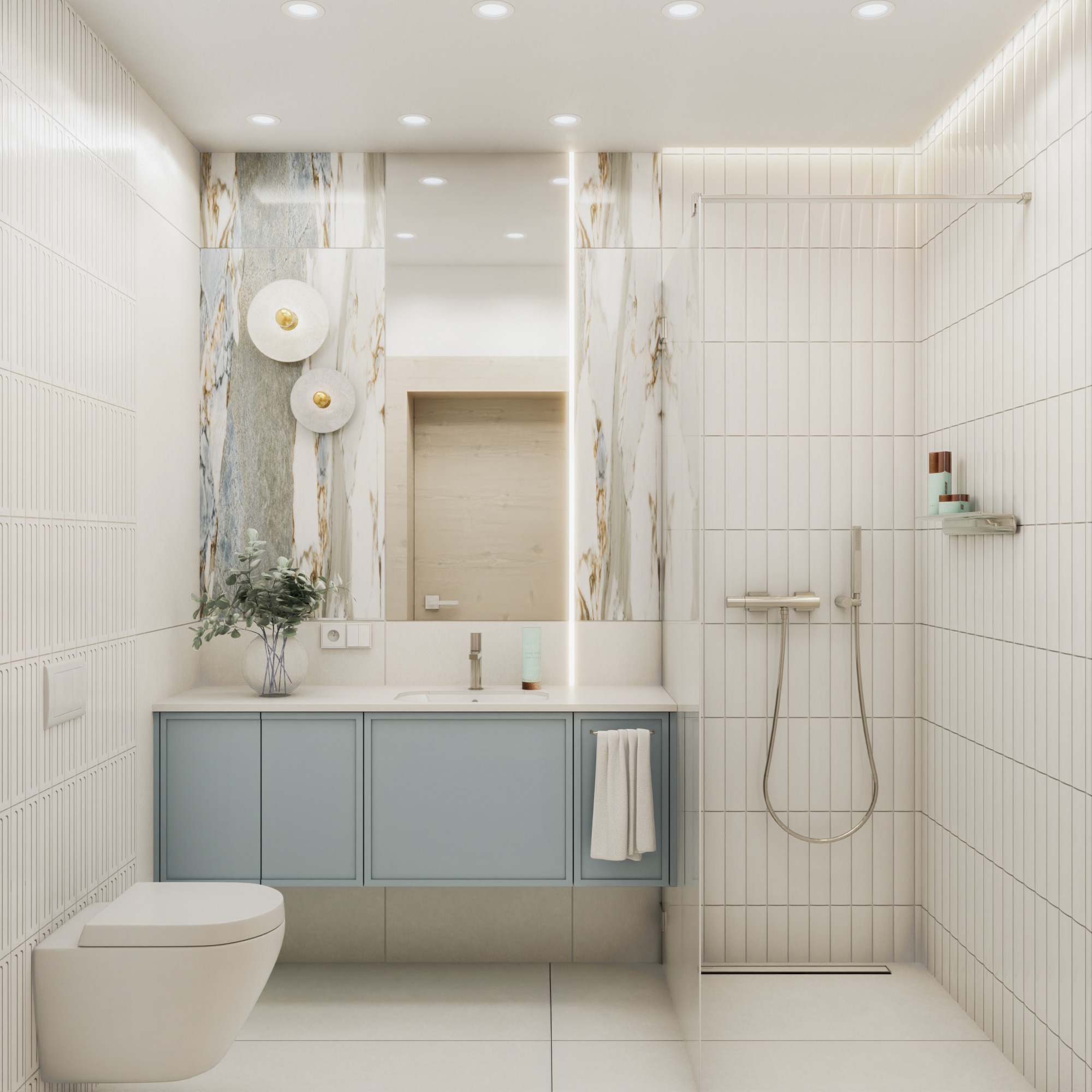 Elegancka łazienka z kabiną prysznicową typu walk-in, umywalką z szafką w kolorze pastelowego błękitu i dekoracyjnymi elementami ściennymi w odcieniach marmuru.