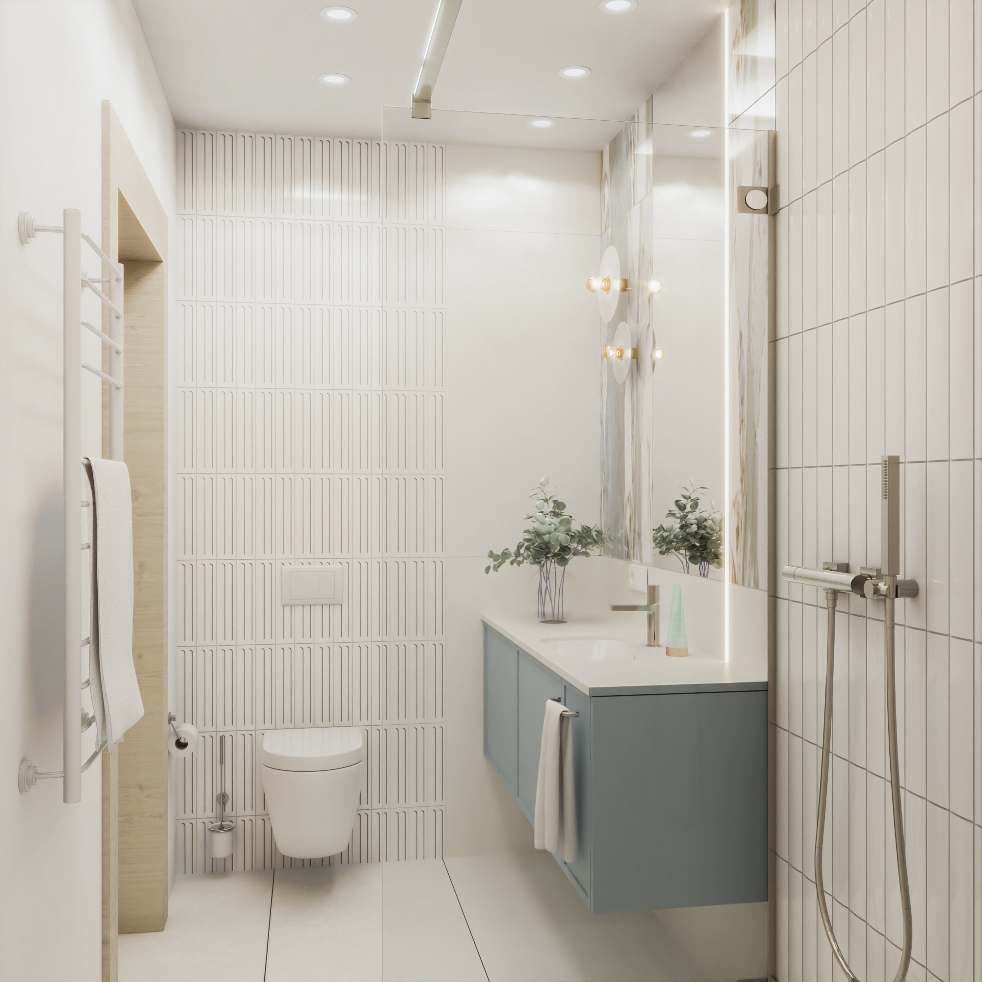 Nowoczesna łazienka w bieli i błękicie z akcentami drewna. Umywalka z szafką, toaleta i grzejnik ręcznikowy. Minimalistyczny design, pionowe płytki i oświetlenie LED.