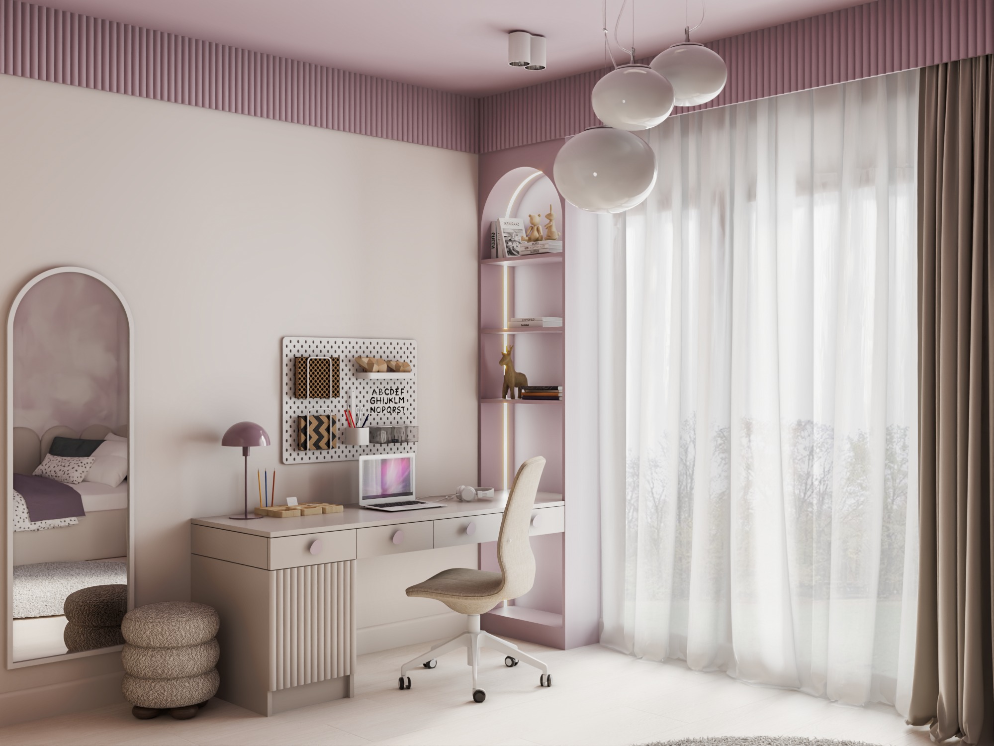 Pokój dziecięcy w pastelowych odcieniach z biurkiem, krzesłem na kółkach i lustrem z widokiem na łóżko. Elementy dekoracyjne w stylu art deco.
