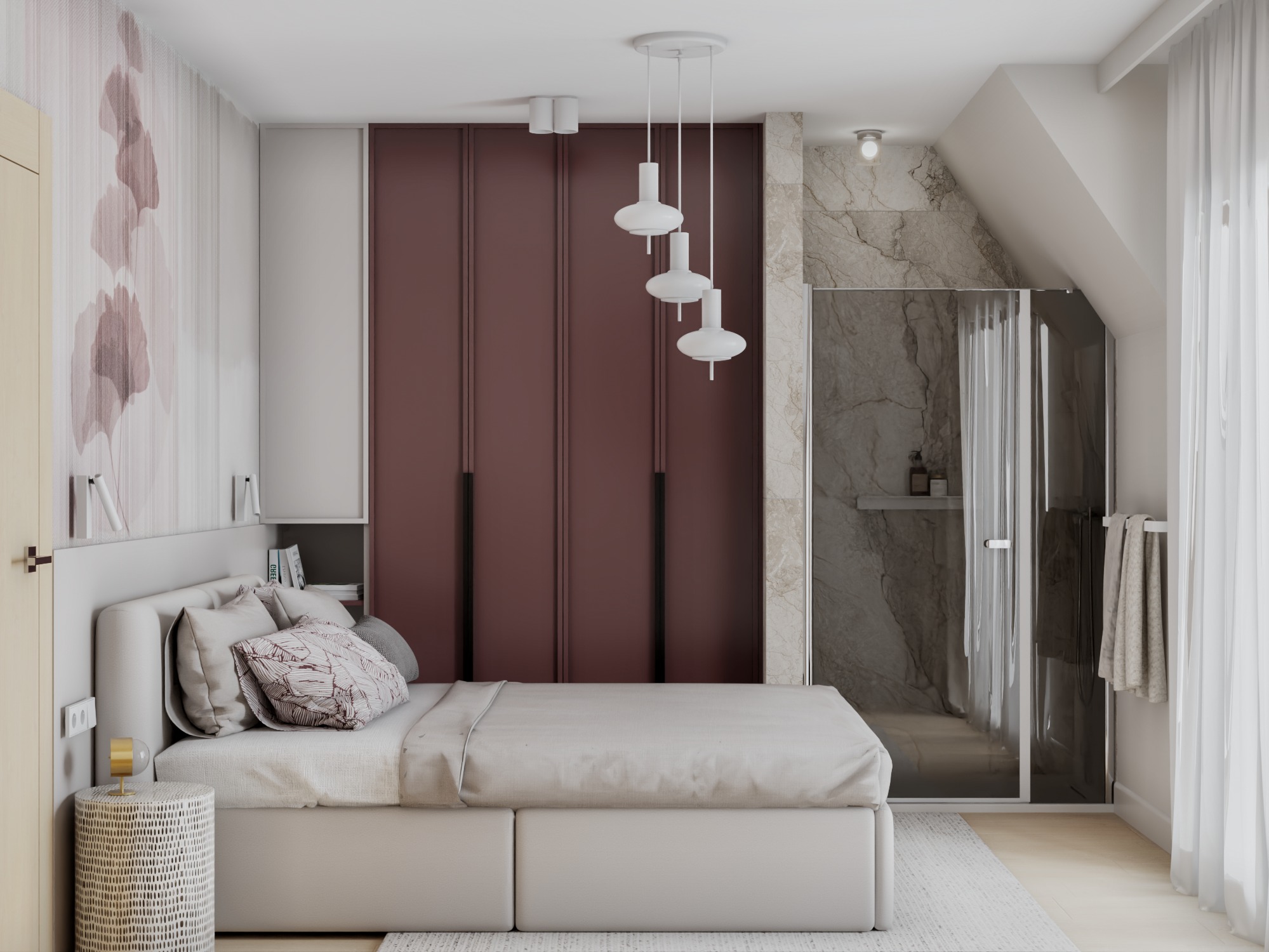 Elegancka sypialnia z łazienką: białe łóżko z wzorzystą poduszką, bordowa szafa w zabudowie, szklana kabina prysznicowa i designerskie lampy wiszące.