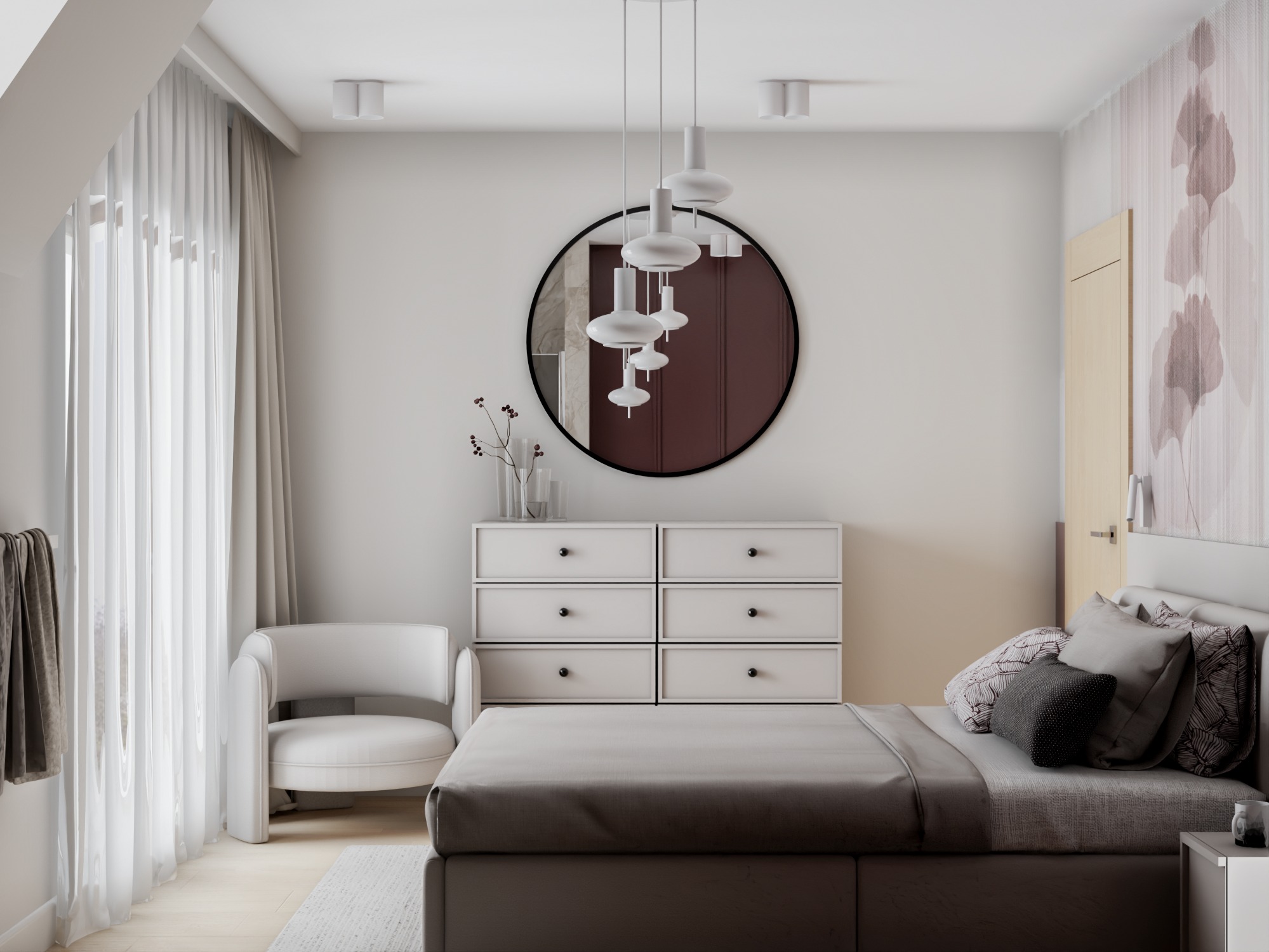 Jasna sypialnia z łóżkiem, komodą i okrągłym lustrem. Nad komodą wisi designerska lampa. Na ścianie wzorzysta tapeta. Delikatne zasłony wpuszczają światło.