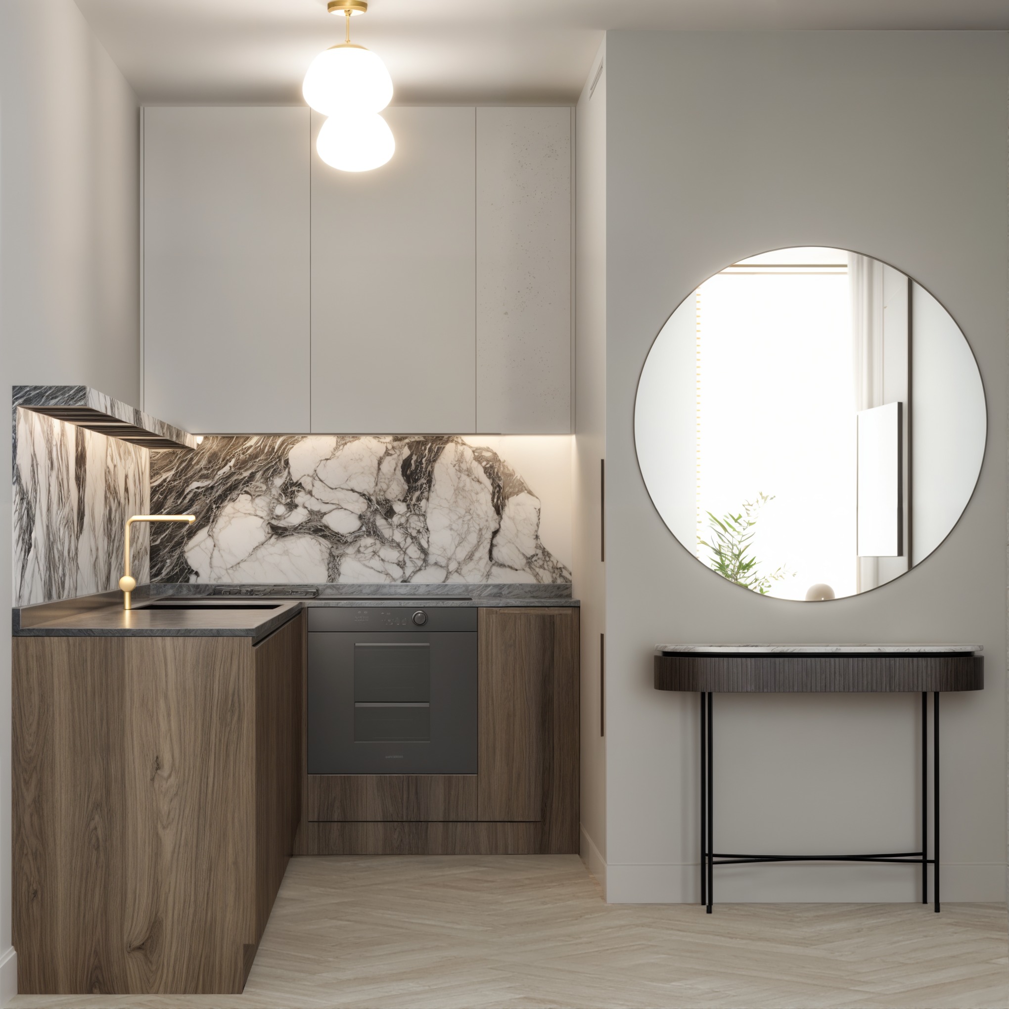 Kompaktowa kuchnia z marmurowym blatem i okrągłym lustrem. Drewniane szafki dolne kontrastują z jasnymi górnymi. Złota bateria i lampa dodają elegancji.