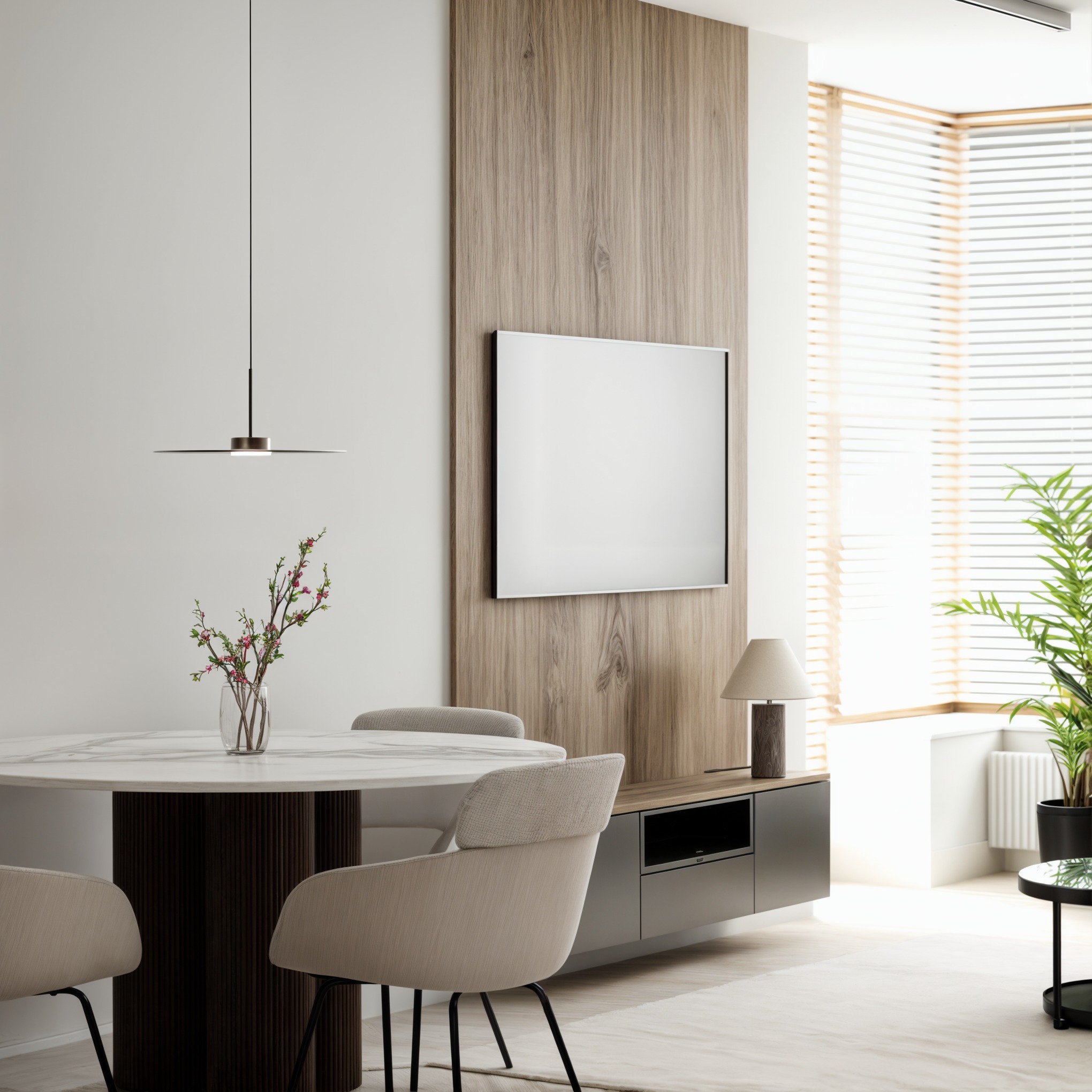 Nowoczesna jadalnia: okrągły stół z marmurowym blatem, krzesła w beżowej tapicerce, drewniana ściana z telewizorem i minimalistyczna lampa wisząca.