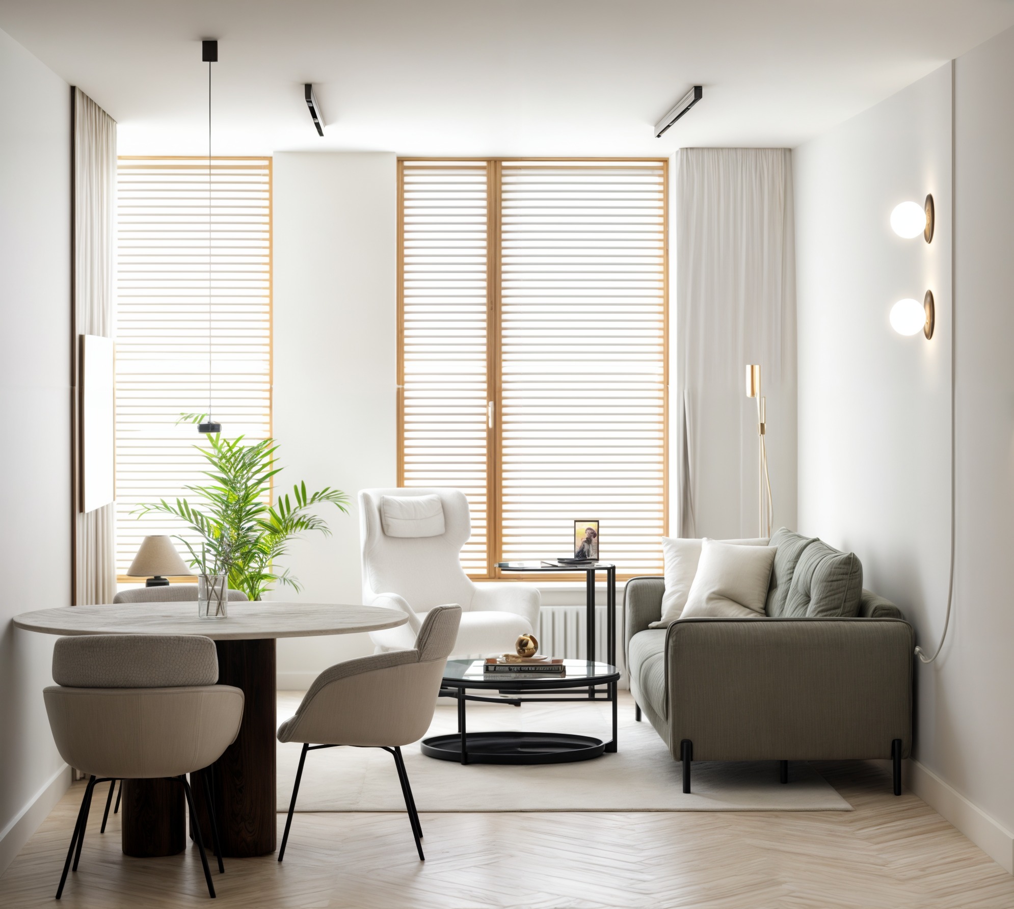 Jasne wnętrze salonu z drewnianymi żaluzjami, okrągłym stołem z rośliną, szarym narożnikiem i białym fotelem. Minimalistyczne lampy ścienne i parkiet w jodełkę.