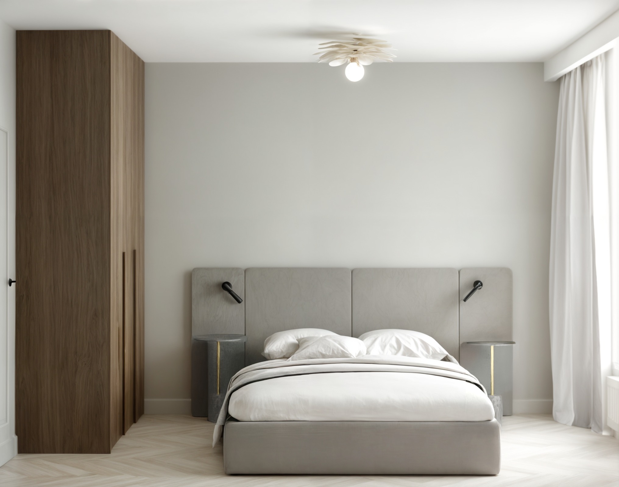 Minimalistyczna sypialnia: drewniana szafa w zabudowie, łóżko z szarym zagłówkiem, lampki nocne, parkiet w jodełkę i designerska lampa sufitowa.