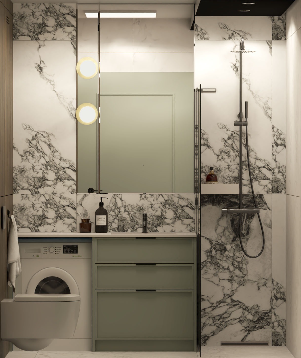Nowoczesna łazienka z marmurowymi ścianami, kabiną prysznicową typu walk-in i pralką pod blatem. Umywalka z szafką w odcieniach zieleni. Minimalistyczny design.