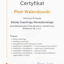 Certyfikat ukończenia Szkoły Coachingu Menedżerskiego Moderator prowadzonej przez Sławomira Jarmuża