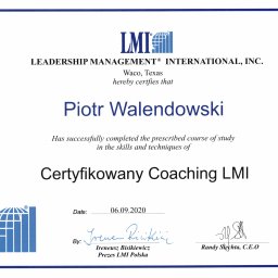 Certyfikat ukończenia - Certyfikowany Coaching LMI wydany przez Leadership Management International