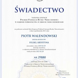 Świadectwo nadania licencji Polskiej Federacji Rynku Nieruchomości w zakresie pośrednictwa w obrocie nieruchomości
