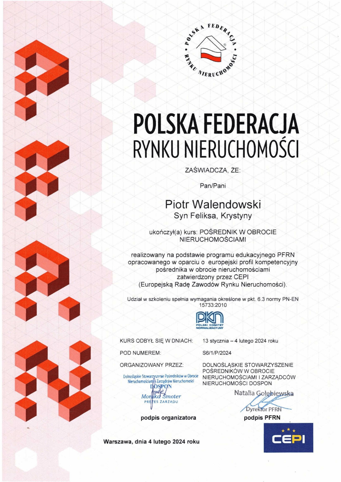 Zaświadczenie o ukończeniu kursu Pośrednik w obrocie nieruchomości Polskiej Federacji Rynku Nieruchomości