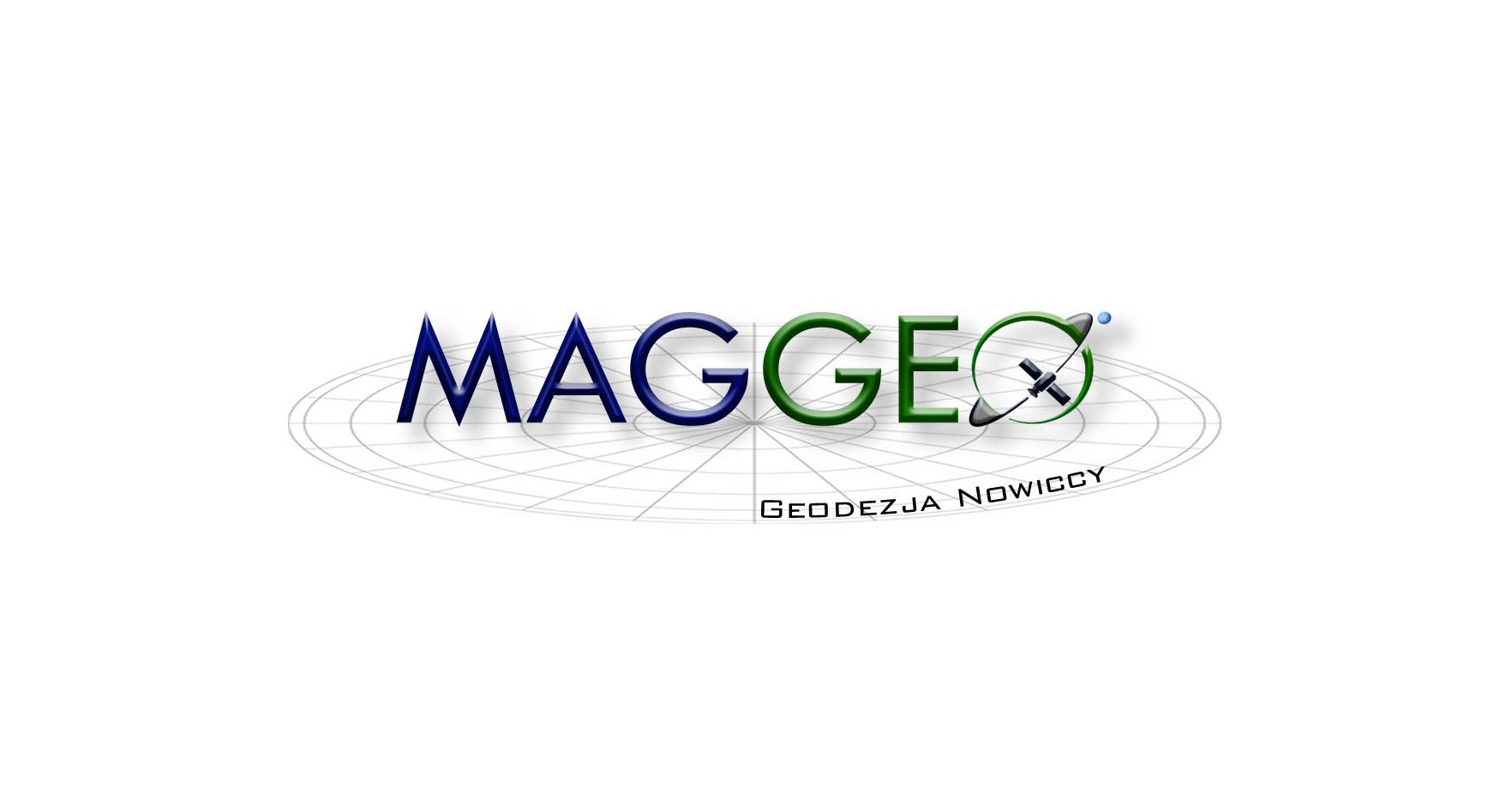 Logo firmy MAGGEO Geodezja Nowiccy z niebiesko-zielonym napisem na tle siatki geodezyjnej.