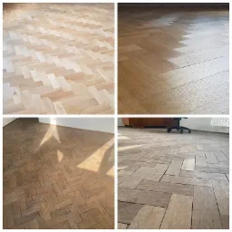 Kolaż czterech zdjęć parkietu ułożonego w jodełkę: przed i po renowacji, widoczne różnice w kolorze i wykończeniu drewna, w tle fragmenty mebli i ściany.