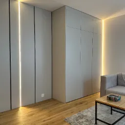 Nowoczesna szafa wnękowa z oświetleniem LED pionowym, drewniana podłoga, szary dywan i stolik kawowy w minimalistycznym salonie.