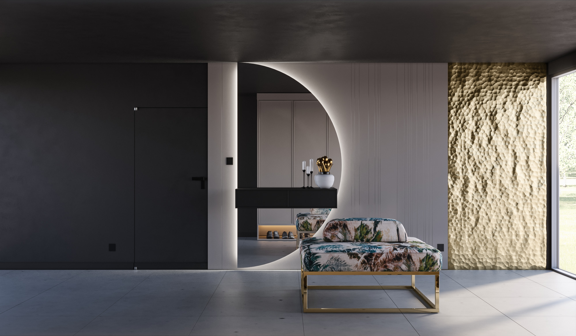 Nowoczesne wnętrze przedpokoju z czarnymi drzwiami, tapicerowaną ławką z motywem roślinnym na złotym stelażu, okrągłym lustrem z podświetleniem LED i dekoracyjną ścianą z fakturą. W tle widoczna...