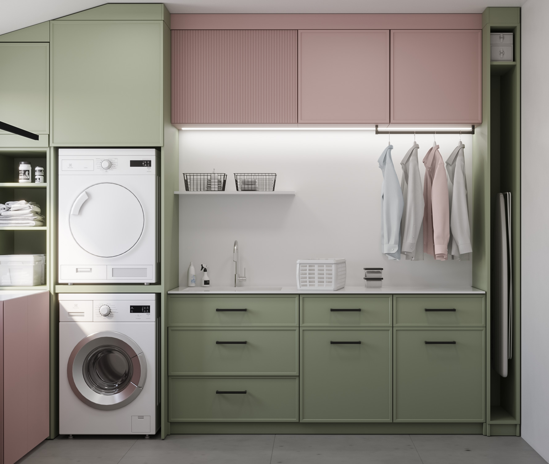 Nowoczesna pralnia w odcieniach zieleni i różu z pralką, suszarką, szafkami na wymiar i blatem z umywalką.