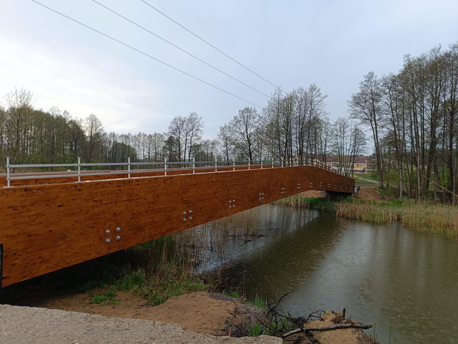 Drewniany most z metalową barierką nad rzeką, otoczony drzewami i trzciną. Widoczne mocowania i konstrukcja nośna mostu. Pochmurne niebo w tle.
