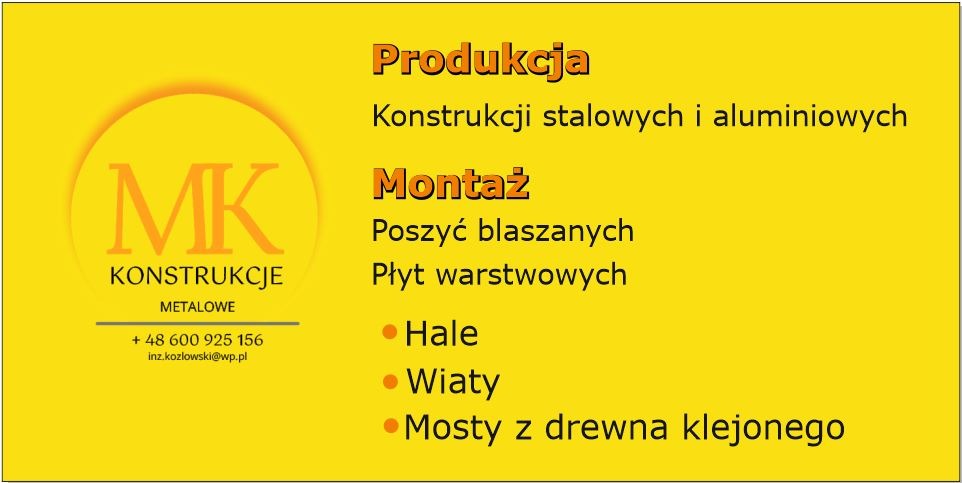 Żółte tło z logo MK Konstrukcje Metalowe. Oferta obejmuje produkcję i montaż konstrukcji stalowych, aluminiowych, poszyć blaszanych, płyt warstwowych, hal, wiat i mostów.
